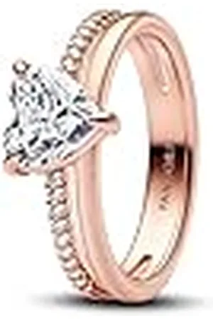 PANDORA Anillo doble con corazón de oro rosa 183100C01, 52/16,6, Plata de ley, Zirconia cúbica