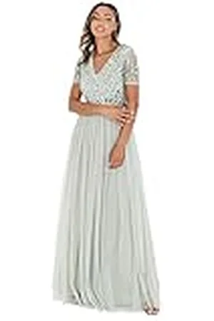 Maya Deluxe Vestido Mujer, Dama de Honor, Cuello En V, Manga Corta, Largo, Elegante, Cintura Imperio, , 44