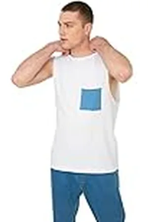 Trendyol Yugo Regular Masculino 100% algodón Cuello Redondo Manga Cero Contraste Bolsillos Atleta Camiseta, M para Hombre