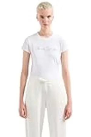Armani Exchange Rhinestone Script Logo Cotton Crewneck T-Shirt Camiseta, Color Blanco, XXL para Mujer
