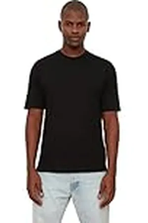 Trendyol Camiseta básica Negra para Hombre, 100% algodón, Ajuste Relajado, Cuello de Bicicleta, S