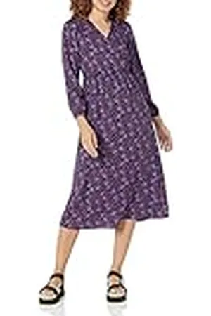 Amazon Vestido Midi Ligero Georgette de Manga Larga con Cuello de Pico (Disponible en Tallas Grandes) Mujer, , XS