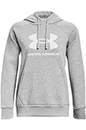 Under Armour UA Rival Fleece Big Logo Hoodie Sudadera para mujer de corte suelto, cómoda sudadera con capucha y logotipo, color gris claro jaspeado/blanco
