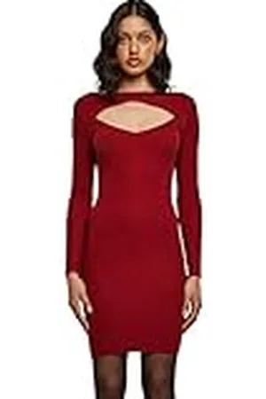 Urban classics Vestido Corto de Manga Larga con Escote para Mujer, Acanalado, Elegante Vestido de Cóctel de material de punto, Color: burdeos, Talla: XL