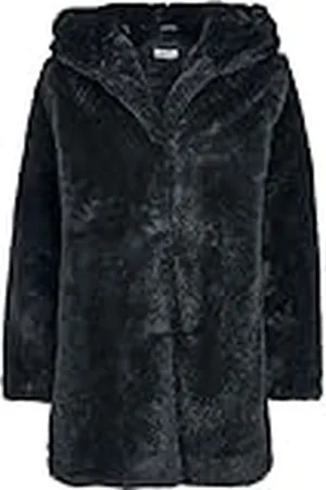 Urban classics Abrigo de Pelo Sintético para Mujer con Capucha Grande, Chaqueta con Bolsillos Laterales y Cierre de Ojal, Talla XS negro