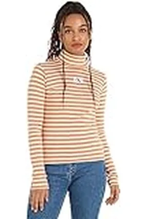 Calvin Klein Jeans Striped Roll Neck J20J222246 Camisetas de Punto de Manga Larga, Blanco (Ivory/Tropical Orange), XS para Mujer