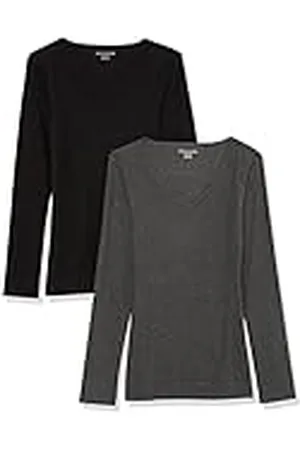 Amazon Top Interior en Punto Acanalado con Cuello de Pico, Manga Larga y Corte Entallado (Disponible en Tallas Grandes) Mujer, Pack de 2, , S