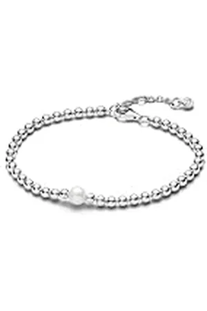 PANDORA Timeless Pulsera con cuentas de plata de ley con perla blanca cultivada de agua dulce tratada y circonitas cúbicas transparentes, 16