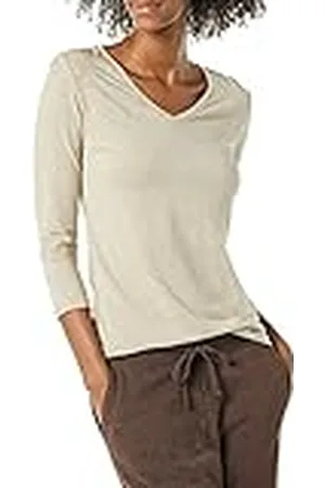Amazon Camiseta de Cuello en Pico, Manga 3/4 y Ajuste Clásico (Disponible en Tallas Grandes) Mujer, , XS