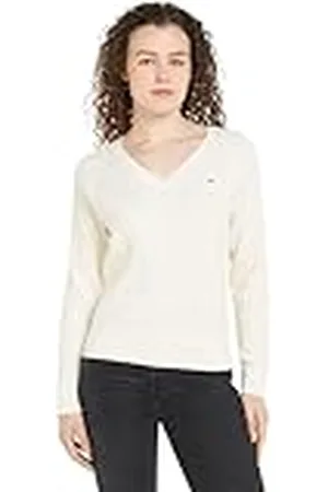 Tommy Hilfiger Jersey Mujer Cable Sweater con Cuello de Pico, Marfil (Ivory Petal), M