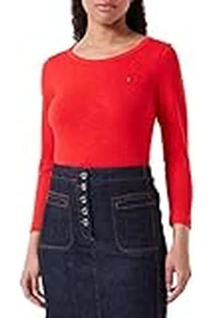 Tommy Hilfiger Mujer Camiseta Manga Larga 1985 Slim Slub Básica, Rojo (Fireworks), XL