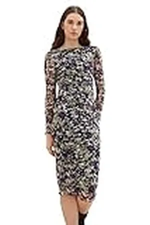 TOM TAILOR 1038148 Vestido de Malla con Estampado y Fruncido, , L Mujeres