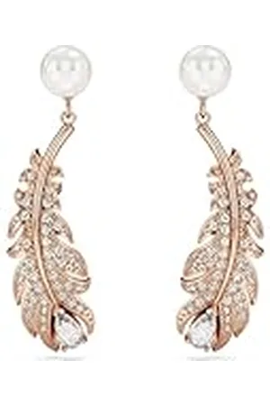 Swarovski Pendientes Nice, con Perlas de Cristal Blancas y Zirconia , Motivo de Pluma, Baño Tono Oro Rosa