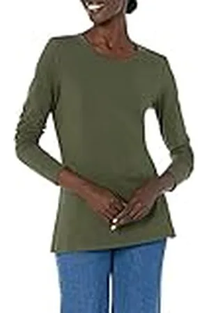 Amazon Camiseta de Cuello Caja, Manga Larga y Ajuste Clásico (Disponible en Tallas Grandes) Mujer, , L