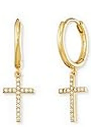 Engelsrufer Pendientes de aro para mujer con colgante de cruz de plata de ley chapada en oro, con 32 circonitas blancas, cierre de clip, sin níquel, 1 Paar, Plata de ley, Circonia cúbica