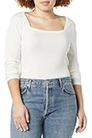 Amazon Camiseta Entallada de Manga Larga y Escote Cuadrado Mujer, , XXL