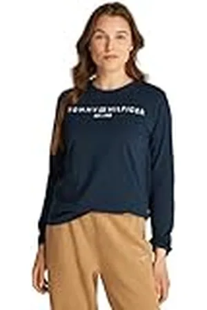 Tommy Hilfiger Camiseta de manga larga Mujer Corp Logo con cuello redondo, Azul (Dark Night Navy), L