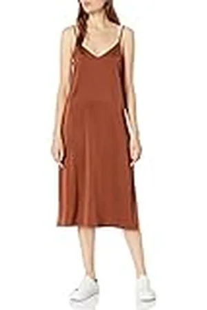THE DROP Ana Vestido de estilo lencero de largo medio y efecto de seda con cuello de pico Mujer, Concha de tortuga, S