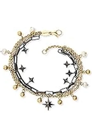 Engelsrufer Pulsera boho de plata de ley negra y dorada con colgante de estrellas y perlas, ajustable en dos longitudes, sin níquel, 17 cm, Acero inoxidable, No es una piedra preciosa