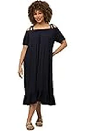 Ulla Popken Vestido Midi con Volante, línea A, Cuello Carmen y Media Manga, , 52-54 para Mujer
