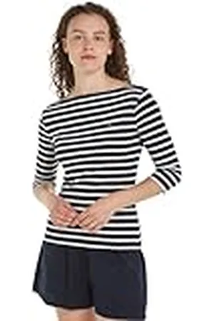 Tommy Hilfiger Camiseta de Manga Larga para Mujer Slim con Cuello Barco, Multicolor (Breton Desert Sky/Ecru), XXS