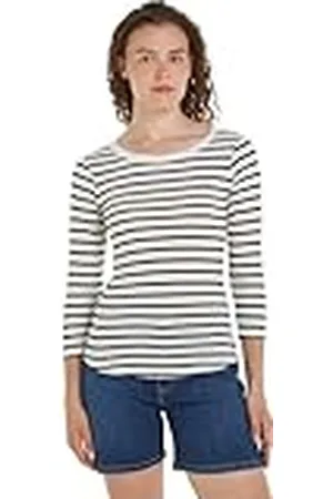 Tommy Hilfiger Camiseta de Manga Larga para Mujer 1985 Slim Slub Basic, Multicolor (Breton Ecru/Desert Sky), XS