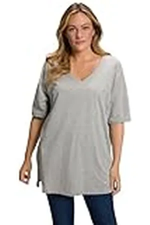 Ulla Popken Camiseta de algodón para Mujer, Cuello en V, Relajada, Media Manga, , 68 ES/70 ES