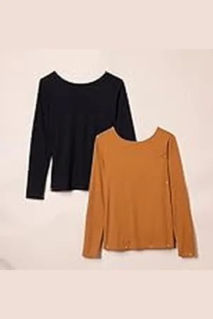 Amazon Camiseta de Punto Trenzado Ajustada de Manga Larga con Espalda Descubierta Mujer, Pack de 2, , M