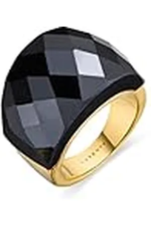 Luxenter Anillo Mujer en Aleación de Metal con Cuarzo Hidrotermal Ónix Color Negro y Dorado Acabado en Oro Amarillo de 18k Ancho 17 mm Talla 18 Modelo Hianvi