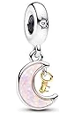 PANDORA Moments Colgante con diseño de corazón, luna y llave de plata de ley y chapado en oro de 14 quilates, con circonitas cúbicas transparentes y ópalo creado en laboratorio