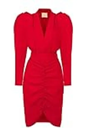 Swing Laura | | S Swing Moda Mujer Elegante Fiesta Coctel Noche Negocios Festivo | Vestido lápiz | ceñido | Cuello en V | Longitud de la Rodilla | Manga Larga | Rojo (36)