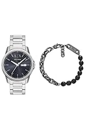 Armani Exchange Hombre Reloj de Acero Inoxidable Plateado y Pulsera Gunmetal, Set