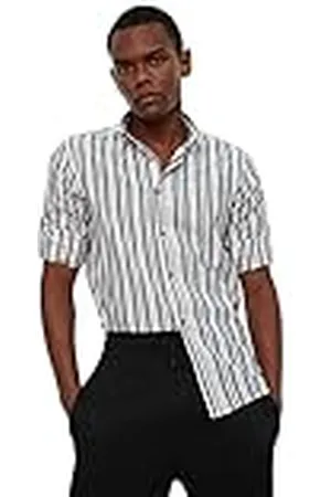 Trendyol Gray-Camisa de Manga Corta para Hombre, diseño de Rayas Camiseta, , S
