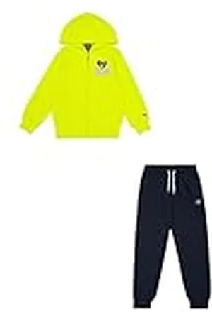 Champion Legacy Play With Graphics B (306913) - Chándal con capucha de forro polar Powerblend compacto, ultraligero y suave, multicolor amarillo azufre/azul marino (ALO/NNY), 3-4 años (XXS) Niño FW24