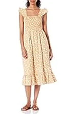 THE DROP Vestido midi Kimi para mujer, fruncidos y tirantes con volantes, , XXL (talla grande)