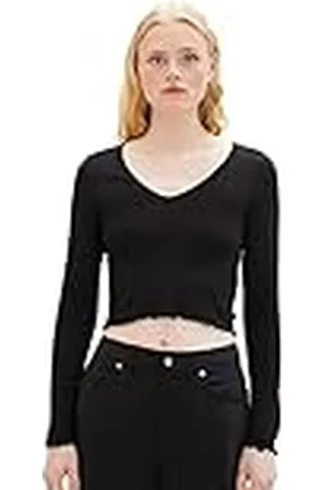 TOM TAILOR TOM TAILOR Camisa cropped de mujer vaquera de manga larga con estructura acanalada, , 3XL