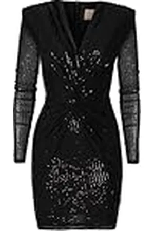 Swing Dolores | (L) Swing Moda Mini Mujer Elegante Festivo Fiesta Noche Novia Corto | Vestido con Lentejuelas | Cuello en V | Manga Negro | 40 (Largo)
