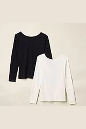 Amazon Camiseta de Punto Trenzado Ajustada de Manga Larga con Espalda Descubierta Mujer, Pack de 2, , M