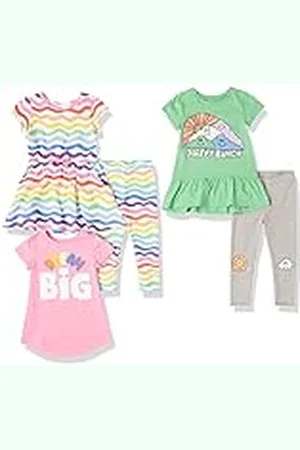Amazon Vestido para niña, túnicas, leggings, conjunto de regalo para mezclar y combinar (anteriormente Spotted Zebra), nubes verdes/gris/estampado de texto rosa/arco iris blanco, talla XS