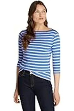 Tommy Hilfiger Camiseta de Manga Larga para Mujer Slim Cuello Barco, Multicolor (Fine Stp Blue Spell/ Ivory Petal), M