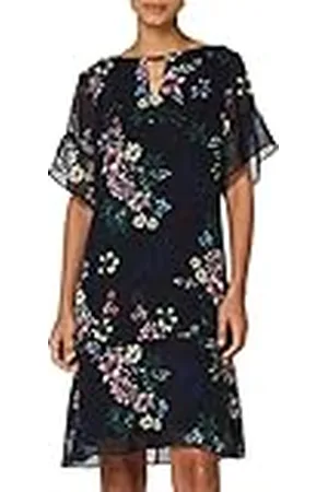 TRUTH & FABLE Marca Amazon - Vestido Midi Evasé de Gasa Mujer, Multicolor (Blue Floral), 36, Label: XS