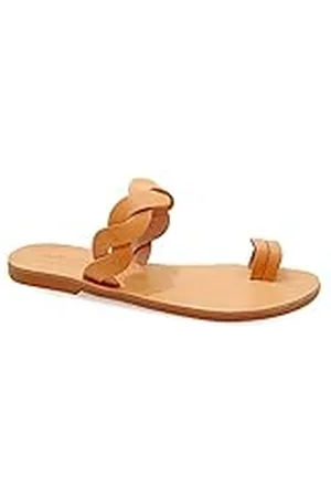 Emmanuela Handcrafted For You Emmanuela - Sandalias planas de cuero griegas hechas a mano con correa trenzada, zapatos de verano de calidad para mujer, deslizadores de anillo para los dedos, mulas blancas y oro rosa, , 38 EU