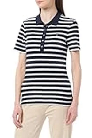 Tommy Hilfiger 1985 Slim Pique Stripe Polo SS WW0WW39530 Polos de Manga Corta, Azul (Breton STP/Desert Sky/Ecru), XL para Mujer