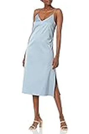 THE DROP Ana Silky vestido de cuello en V Midi Slip para Mujer, Azul niebla, S