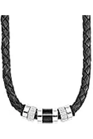 QS by s.Oliver Collar de acero inoxidable de cuero collar de los hombres, 45 + 3 cm, plata, viene en caja de regalo de joyería