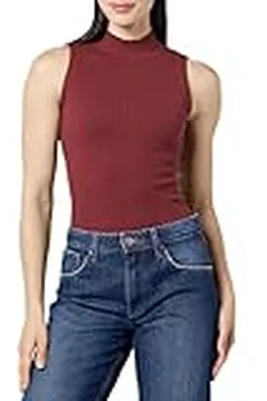 THE DROP Karolina Sleeveless Ribbed Mock-Neck Sweater Camisetas de Moda, Rojo ladrillo, L