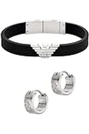 Emporio Armani Hombre Pulsera de Silicona Plateada y Aretes de Acero Inoxidable, Set