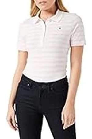 Tommy Hilfiger Mujer Polo de Manga Corta 1985 Slim Pique Slim Fit, Blanco (Breton Stripes Ecru/Pastel Pink), M