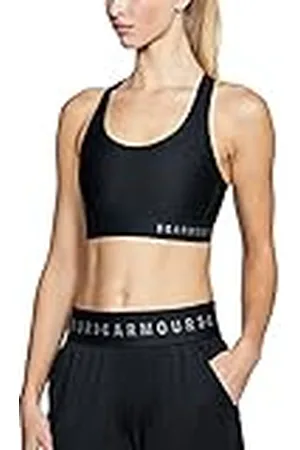 Under Armour Mid Keyhole Sujetador para Mujer Deportivo, Ropa de Mujer Deportiva de compresión, cómodo Sujetador de sujeción de Secado rápido, Black/Black/Metallic Silver (001), XS