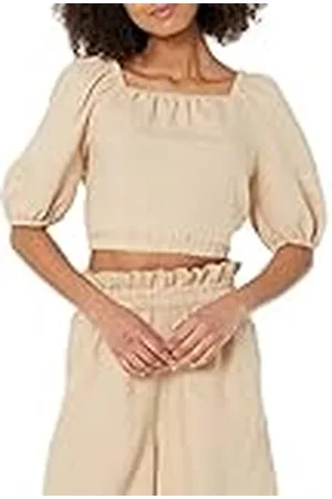 THE DROP Top cropped Evelyn para mujer, abullonado, escote cuadrado, beige , L
